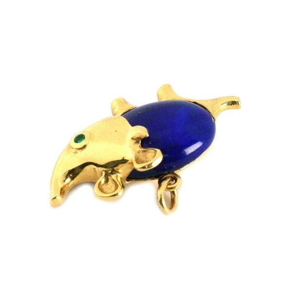 Vintage Lapis & Emerald 18k Yellow Gold Rhino Pin - Picture 3 of 6